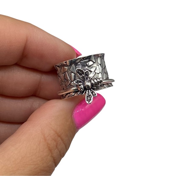 Bee Spinner Ring 925 Sterling Silver Overlay Size 6.5 Insect Spinning Wide Band - Picture 4 of 5